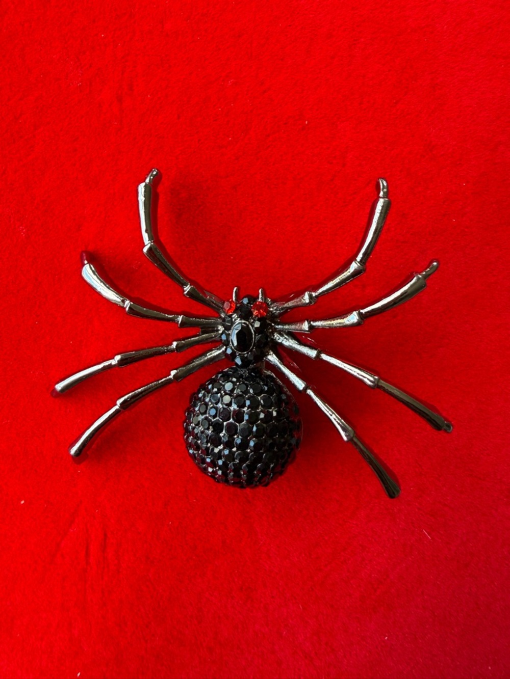 American Vintage Black Spider Brooch with Red Accent